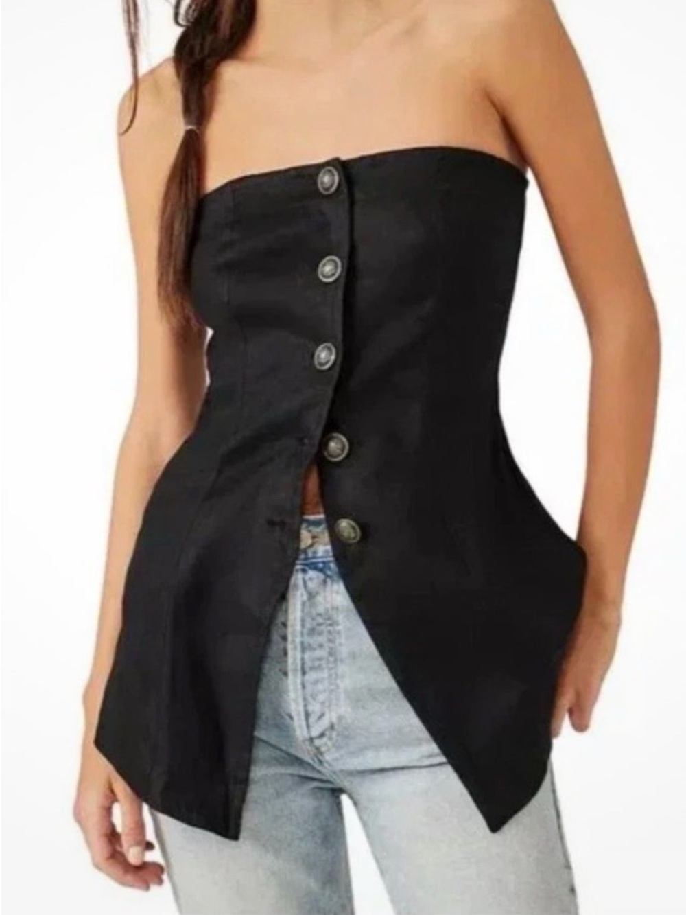 NWT XS Free People Between Us Tube Black Button-Up Strapless Top